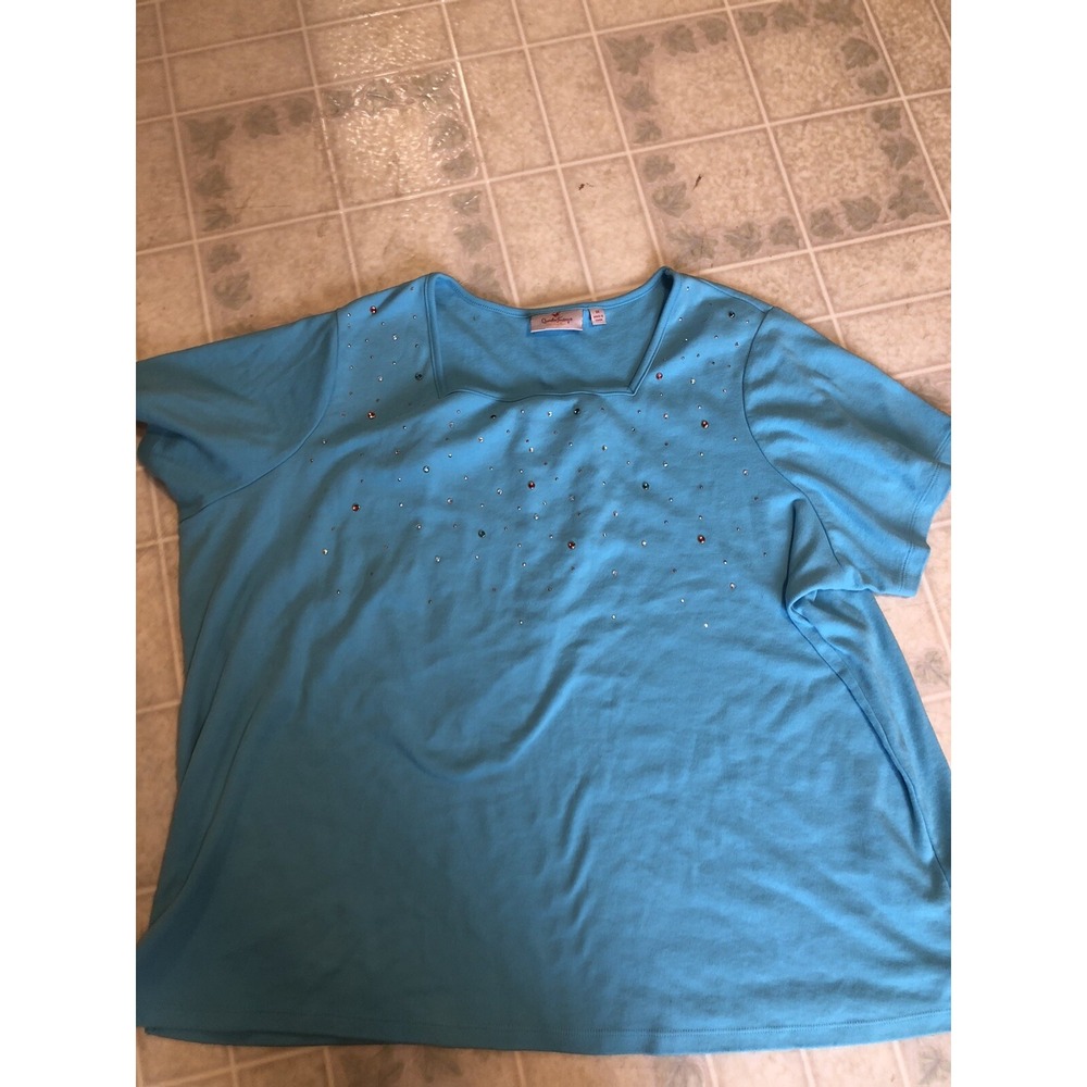 Quacker Factory 3X Aqua Tee Rhinestone Sequin Embellished  Square Neck Short Slv